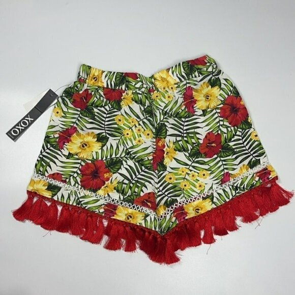 NWT xoxo Tropical Floral Print Linen Shorts w Red Tassel Fringe XS - Picture 2 of 9